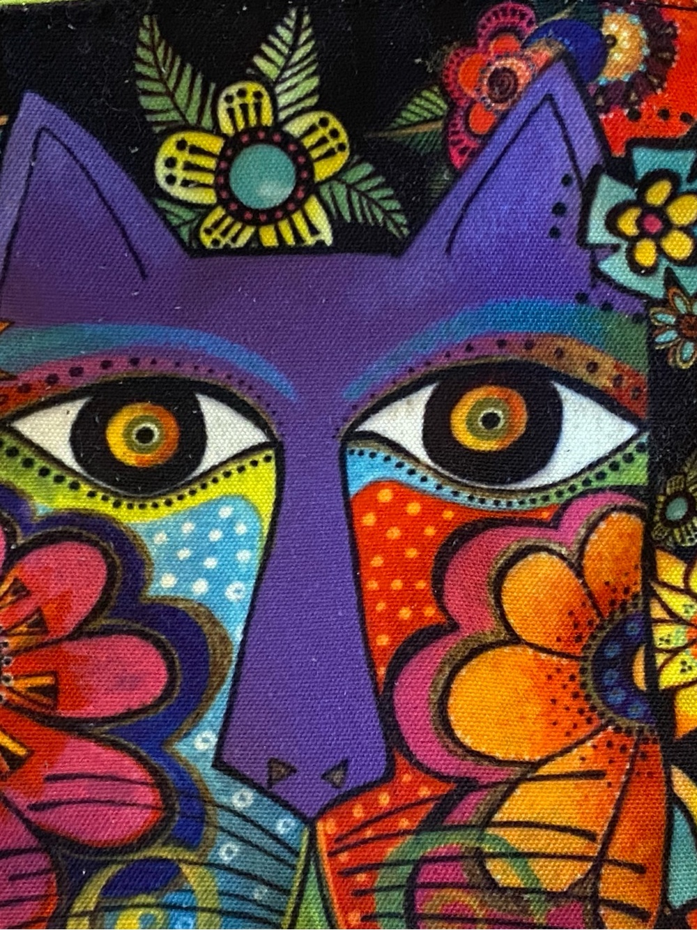 Beaded, multi-pocketed, Laurel Burch tote/purse. Cat design. Adjustable strap.